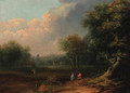 A wooded landscape with travellers resting on a track by a tree - (after) Norbert Joseph Carl Grund