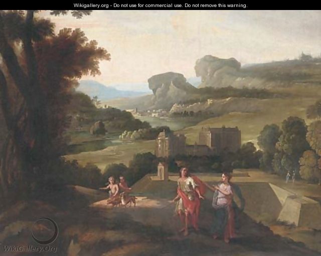 An Italianate landscape with an amorous couple before a villa - (after) Nicolas Poussin