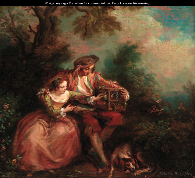 An elegant couple with a caged bird in a landscape - (after) Lancret, Nicolas