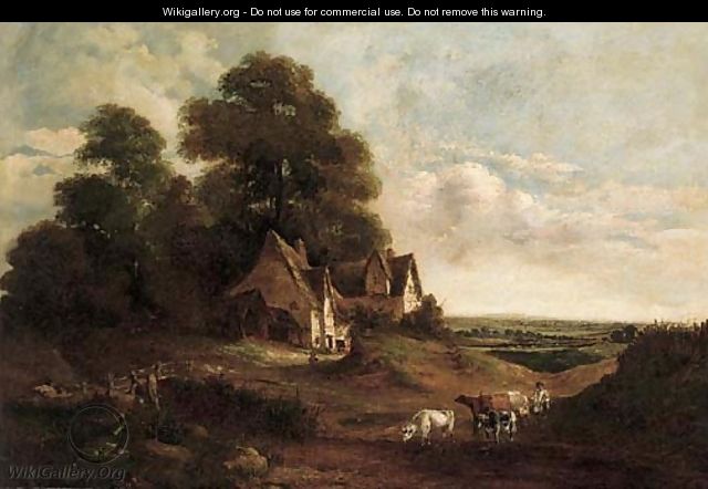 A cattle drover herding his cattle by a cottage, an extensive landscape beyond - (after) John Moore Of Ipswich