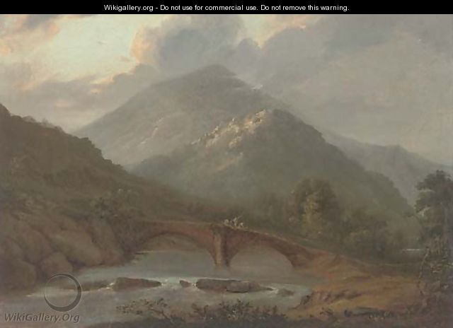 Workers crossing a stone bridge in a highland landscape - (after) John Glover