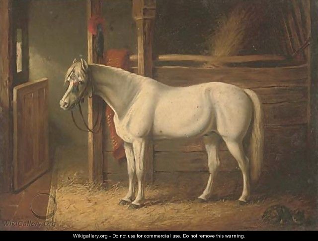 A grey stallion in a stable - (after) John Frederick Herring