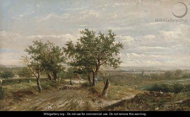 A shepherd and his flock on a country road - (after) Joseph Thors