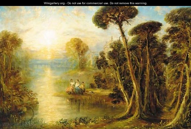 Ladies in a classical river landscape at sunset - (after) Joseph Mallord William Turner
