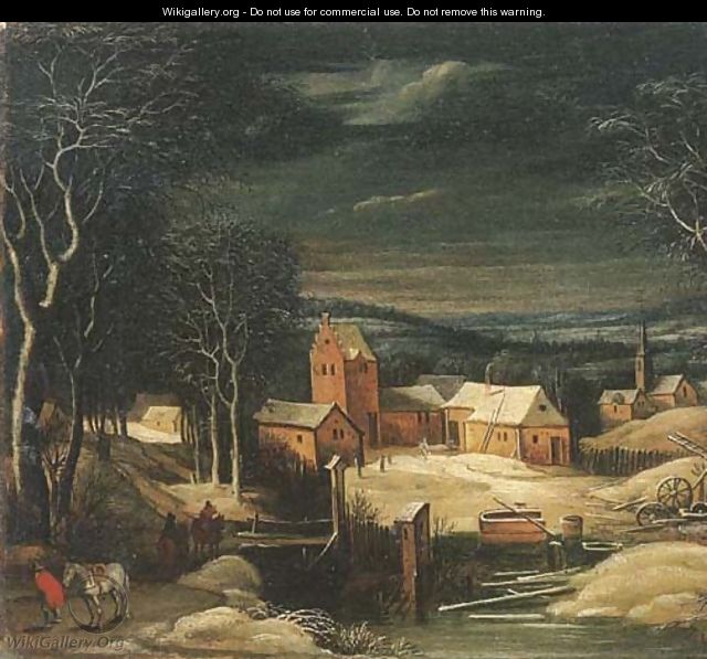 A winter river landscape with travellers on a track, a village beyond - (after) Joos Or Josse De, The Younger Momper
