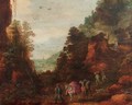 A rocky wooded landscape with travellers and mules on a track - (after) Joos Or Josse De, The Younger Momper