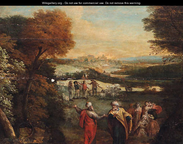 A wooded landscape with Jacob and Laban - (after) Karel Van Mander