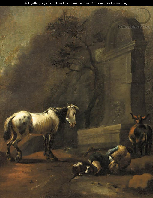 A traveller resting by a fountain in an Italianate landscape - (after) Karel Dujardin