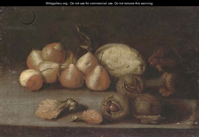 A squirrel, pears, a melon, lychees and chestnuts on a ledge - (after) Juan De Zurbaran