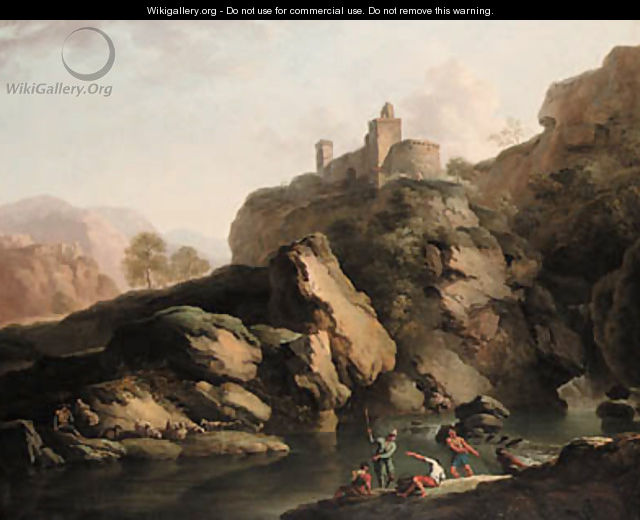 A mountain river landscape, with fishermen - (after) Claude-Joseph Vernet
