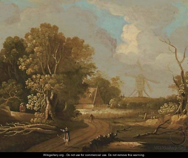 A wooded landscape with travellers on a track, a windmill beyond - (after) Joseph Van Bredael
