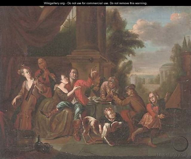 Elegant company drinking and music making in a courtyard - (after) Joseph Van Aken