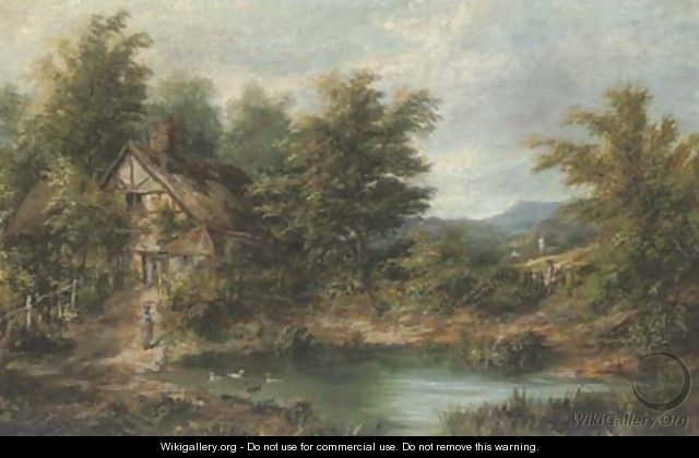 Figures by a pond, with a cottage beyond - (after) Joseph Thors