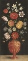 Tulips, roses, carnations and other flowers in a vase on a stone ledge - (after) Ludger Tom The Younger Ring