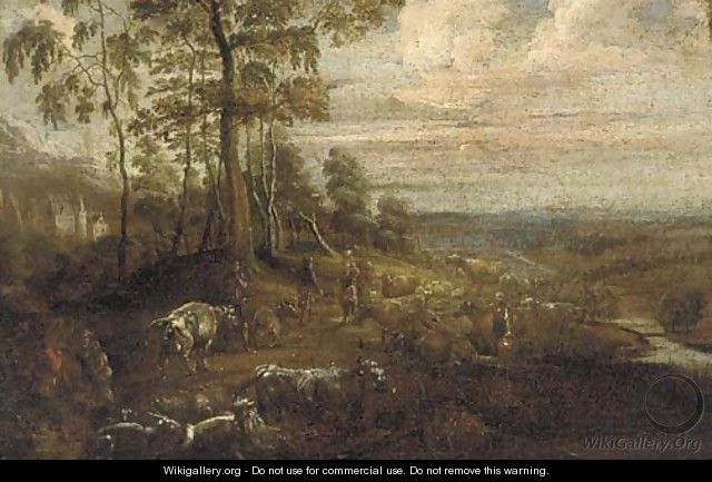 An extensive landscape with figures and cattle by a river, a castle in the distance - (after) Lucas Van Uden