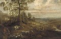 An extensive landscape with figures and cattle by a river, a castle in the distance - (after) Lucas Van Uden