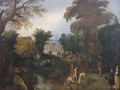 A wooded landscape with elegant company on a path, the Procession of the Bride in a village beyond - (after) Louis De Caullery
