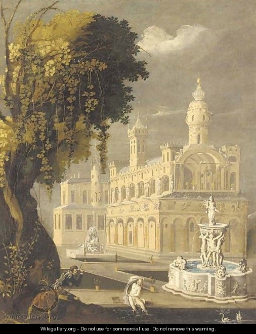 Suzanna and the Elders before an architectural capriccio of a palace and an ornamental fountain - (after) Lodovico Pozzoserrato (see Toeput, Lodewijk)