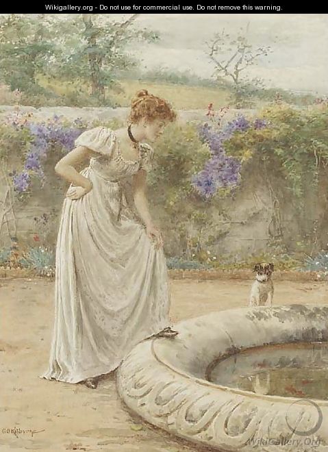 A lady and her dog looking into a fish pond - George Goodwin Kilburne