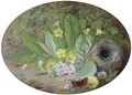 Primulas, pansies, apple blossom, butterflies and a bird's nest with eggs, on a mossy bank - George Goodman