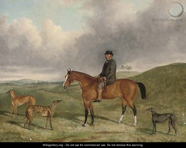 Portrait of Henry Beale Esq., on a hunter, with his greyhounds, including Sampler and Sapphire, in an extensive landscape - George Henry Laporte
