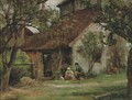 Children and a rabbit playing by an outhouse - George Henry Boughton