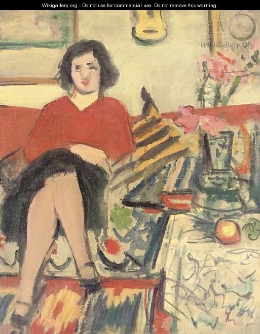 Girl in a red pullover, seated on sofa, and flowers, recto - George Leslie Hunter