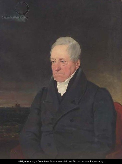 Portrait of William Curling Esq., seated half-length, in a black coat, with a seascape and ship beyond - George Lance