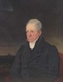 Portrait of William Curling Esq., seated half-length, in a black coat, with a seascape and ship beyond - George Lance