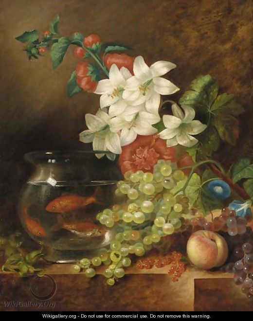 Grapes, lilies, hollyhocks, convolvulus, cobnuts, redcurrants, a peach and goldfish in a bowl, on a marble ledge - George Lance