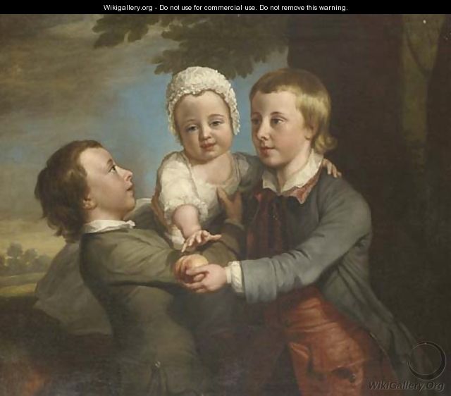 Group Portrait Of Three Children, Three-Quarter-Length, In A Wooded Landscape, The Eldest Holding A Peach - George Knapton