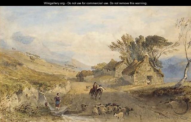 A shepherd and his flock fording a stream, with cottages beyond - George Arthur Fripp