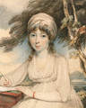 Portrait of a young lady, three-quarter-length in a white turban, wearing a white dress holding a pen in her right hand, seated in a wooded landscape - George Chinnery