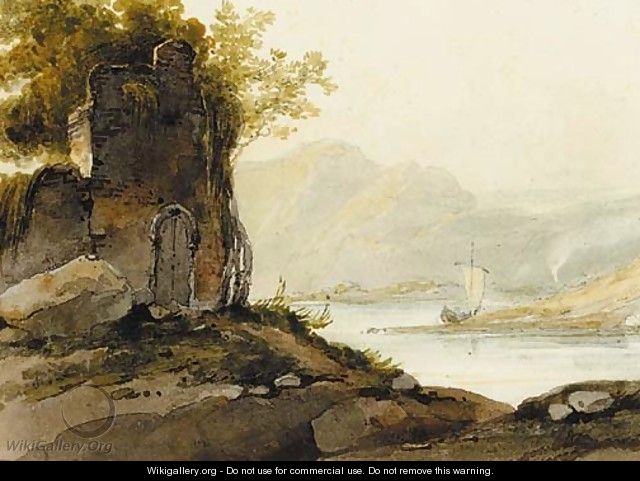 A ruin on a hillside with a view of a pulwar on a lake in the distance - George Chinnery