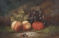 Grapes, blackberries, peaches and a tomato on a mossy bank - George Crisp