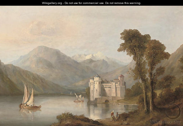 Figures resting beside an alpine lake, a castle beyond - George Clarkson Stanfield