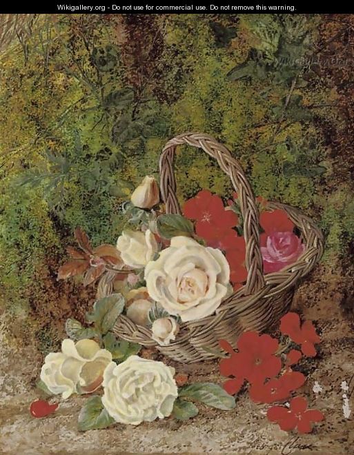 Roses and geraniums in a wicker basket before a mossy bank - George Clare
