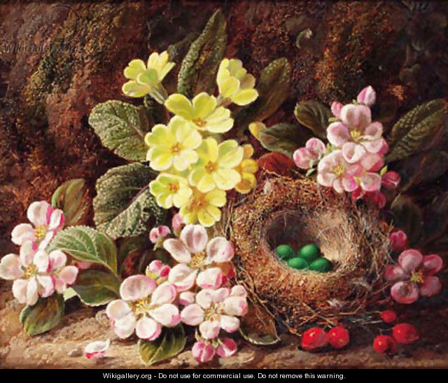Primroses, apple blossom, and a bird