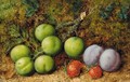 Plums and strawberries on mossy bank - George Clare