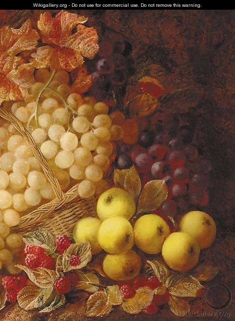 Apples, grapes, raspberries, and a wicker basket, on a mossy bank - George Clare