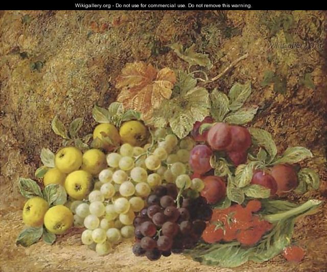 Apples, grapes, plums and strawberries on a mossy bank - George Clare
