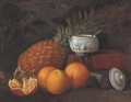 Still life of a pineapple, Wedgewood pot and oranges, with books to the side - George Harrison