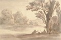 A lake on the edge of a wood with two figures by a tree - Caspar Andriaans Van Wittel