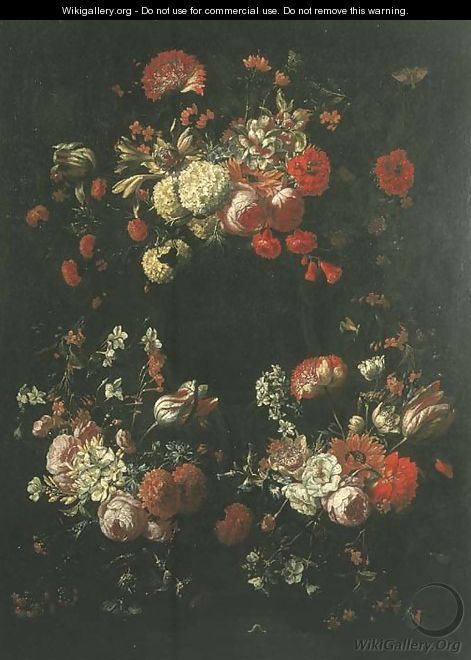 Tulips, roses, narcissi, peonies in a circular garland - Gaspar Peeter The Elder Verbruggen
