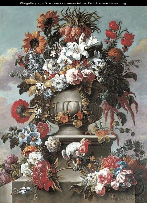 Lillies, peonies, sunflowers, foxglove and other flowers in an urn with a cockatoo on a stone ledge - Gaspar-pieter The Younger Verbruggen