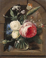 Roses, a cornflower and wildflowers in a vase with two butterflies in a niche - Gaspar Peeter The Elder Verbruggen