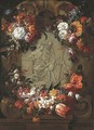 A garland of tulips, daffodils, carnations, sunflowers and other flowers around a stone cartouche with the Holy Family and the Infant Saint John - Gaspar Peeter The Elder Verbruggen