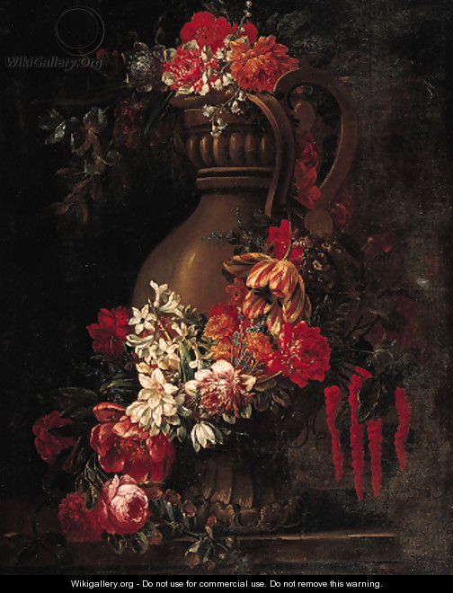 A garland of flowers decorating a sculpted urn on a stone ledge, a landscape beyond - Gaspar-pieter The Younger Verbruggen