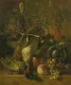 A still life with flowers, plums, peaches, grapes and birds - Geertruida Margaretha Jacoba Huidekoper
