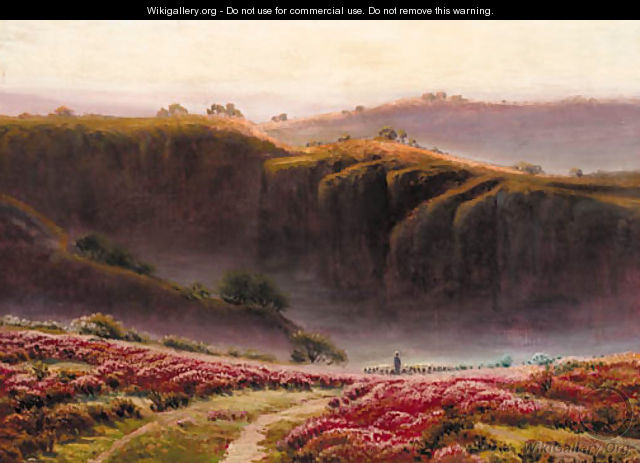 A shepherd herding his flock in an extensive mountainous landscape - Gaston Anglade